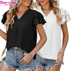 Dear-Lover Wholesale New Arrivals Fashionable Cute Elegant Plain V Neck Ruffle Short Sleeve Blouse Women
