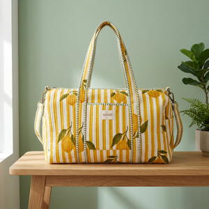 Bolsa de Lona Deportiva de Lujo de Algodón, Duradera, Ligera, con Estampado de Limones y Rayas Amarillas, Gran Capacidad, Cierre de Cremallera, para Viajes de Fin de Semana - Product Image 2