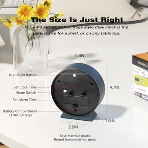 <span class=keywords><strong>Réveil</strong></span> analogique de 4,5 pouces, petite horloge de bureau rétro fonctionnant sur piles, horloge de table en métal silencieuse avec lumière pour la décoration du salon - Product Image 5