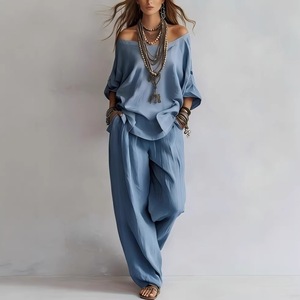 <span class=keywords><strong>Ensemble</strong></span> 2 pièces été décontracté européen et américain : haut en lin tissé à manches trois-quarts et pantalon large - Product Image 3