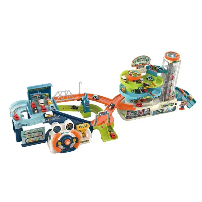 DIY assemble slot urban rail transit toy steering wheel driving simulation track car garage parking lot kids toy