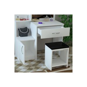 Tocador Novella de Madera Blanca con Espejo Iluminado, Puf Acolchado, Cajón y Estante de Almacenamiento para Uso en Hoteles y Maquillaje - Product Image 2