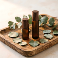 Flacon roll-on en verre ambré givré avec bouchon en bois pour huile essentielle, parfum, conteneur portable rechargeable à bille roulante 5ml 10ml