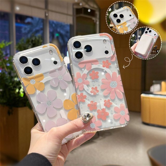 High Quality Shockproof Protective Flower Magnetic Phone Case for IPhone17 16 Pro Max Wireless Charging Mobile Covers for Girls