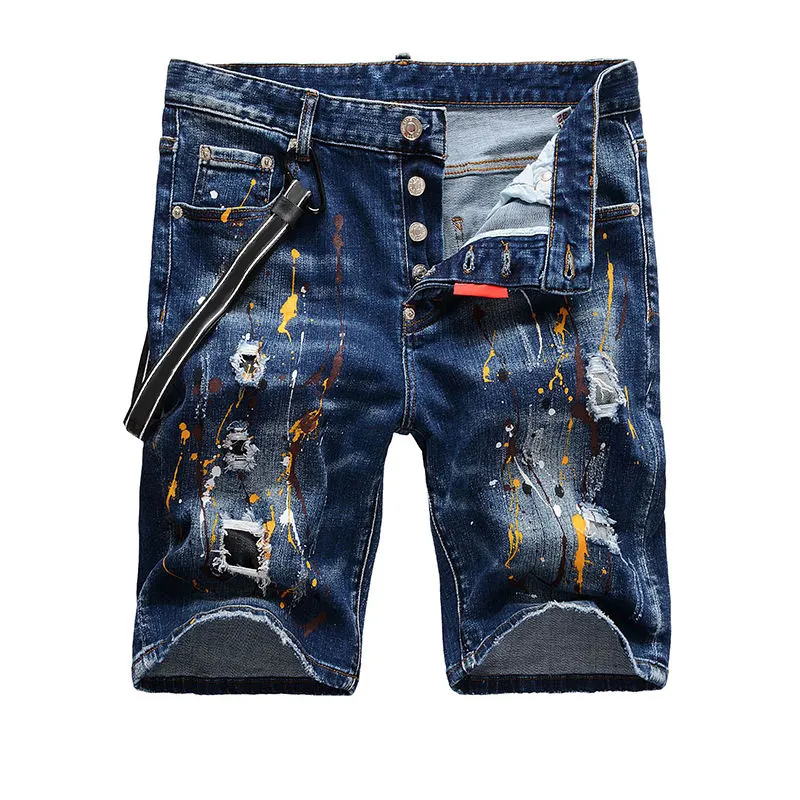 Factory Hot Trend Slim Fit Fashion Stretch Dark Blue Jeans Homme Ripped Short Jeans Men Casual Skinny Men Distressed Short Jeans