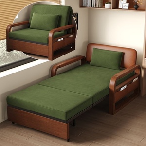 New Model Chinese-Style <strong>Folding</strong> Extendable Sofa <strong>Bed</strong> Oil Wax Leather Dual-Use <strong>Double</strong>-Seater Living Room Push-Pull Mechanism Wood - Product Image 1