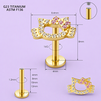 Piercing Labret G23 en Titane Rose avec Zircon Cubique Transparent Motif Chat, Or et Argent, pour Cartilage, Bijoux de Corps, Vente en Gros