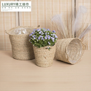 Handmade Woven Seaweed Rope Flower Pot Breathable Decorative <b>Planter</b> For Desktop Plants - Product Image 5