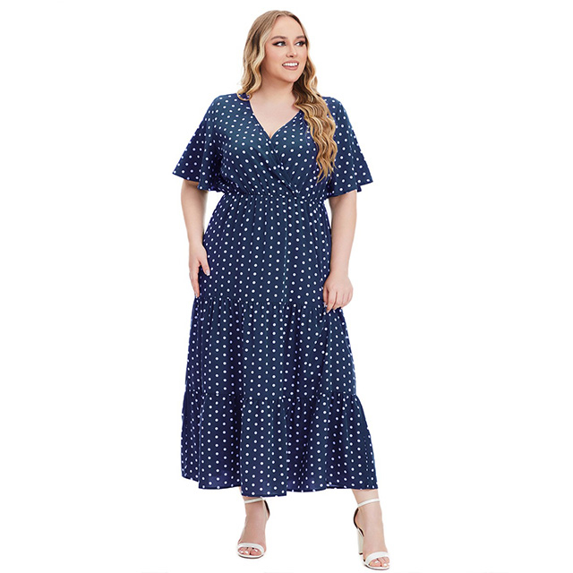 Summer New Plus-Size Women's Plus-size Polka Dot Casual Holiday Dress  V-neck Elegant Swing MIDI Skirt