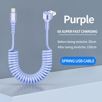 Kabel Data USB-C 5A Pengisian Cepat Retraktil Sudut Kanan 1.5m dengan Kemasan Khusus, Konduktor Tembaga Murni, TPU, untuk Ponsel dan Mobil