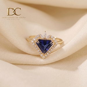 Bague en or jaune massif 14 carats avec diamant de laboratoire et saphir bleu royal, bijoux de luxe tendance pour femme, pour toutes les occasions - Product Image 1