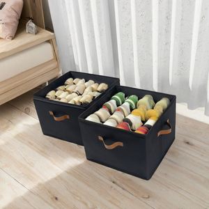 Boîte de rangement pliable pour chaussures en tissu, empilable, noire, avec poignées en cuir PU, organiseur de chaussures pour placard, armoire à chaussures, lot de 2 - Product Image 6