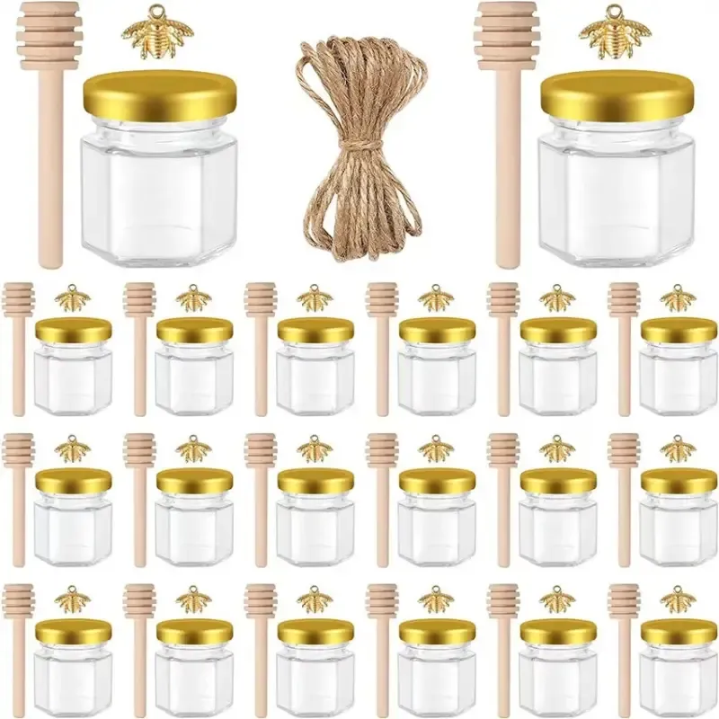 Heißer Verkauf 30ml 50ml Luxus Honig glas Verpackung Sechseckige transparente Mini Honig glas mit Schöpf löffel