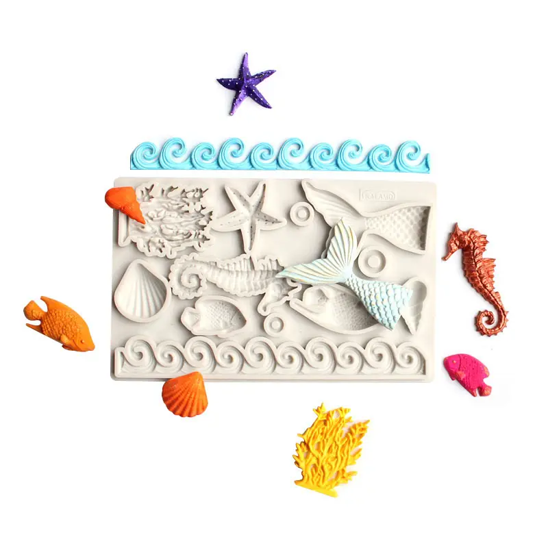 Rectangle 12pcs 3D ocean seahorse seaweeds starfish coral conch sea fish mermaid tail shape silicone mold