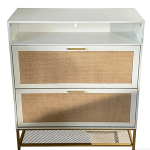 Meuble de rangement à chaussures moderne en rotin blanc avec 2 tiroirs rabattables pour salon, couloir, organisateur de rangement pour chaussures en bois - Product Image 6