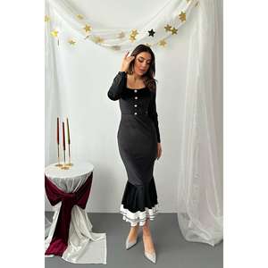 Vestido de Noche de Terciopelo Negro al por Mayor con Falda de Volantes de Ganchillo para Fiestas de Gala o Eventos Formales - Product Image 4