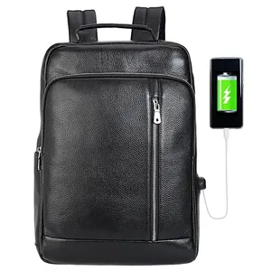 Tiding Individuelles Logo Schwarz 'Geniune' Leder Usb Ladegerät Rucksack Schule Leder zurück Tasche Für Mann