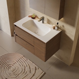 Antique Style Rock Slab Integrated Basin Bathroom Cabinet MDF Construction Water Resistant Easy Clean Wall-Mounted Vanity - Product Image 2