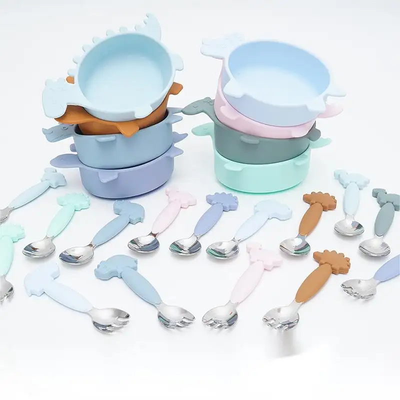 BPA Free Kids Dinnerware Silicone Baby feeding Training Bowl Cute Dinosaur Snack Sucção Bowl para bebês