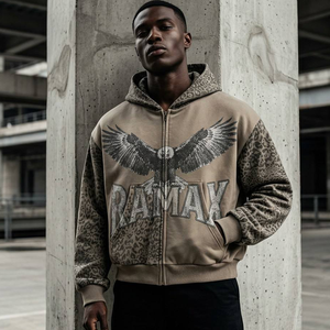 Sweat à capuche zippé court et ample pour homme, en molleton épais, avec motif léopard et aigle, effet délavé vintage, style streetwear western - Product Image 5