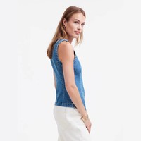 YUANBOFEI Gilet en jean sans manches pour femme, haute qualité, triple boutonnage, coupe ajustée, ourlet fendu, couleur unie, court