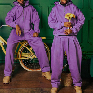 KIingSen Embroidered 3D Breathable Winter Men's <b>Open</b> Hood Zip-<b>Up</b> Hoodie Sweatpants Streetwear Set 400gsm Terry Fabric - Product Image 1