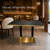 Ensemble de salle à manger en pierre veinée, bord doré avec plateau en pierre de soie et base en laiton satiné pour hôtel de montagne, jardin de thé et restaurant grill