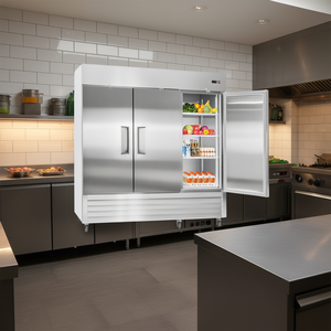 Réfrigérateur vertical professionnel pour cuisine, 85 po de largeur, 69 pi³, acier inoxydable, 3 portes, dégivrage automatique, équipement de restauration - Product Image 2