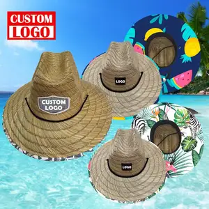 High Quality Custom Logo Lifeguard Straw Beach Hat Wholesale Custom Logo Rush Hollow Mat Grass Life Guard Straw Hat
