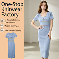 Robe midi en tricot pour femme, manches courtes bouffantes, col rond, appliques florales, robe pull décontractée d'été, étiquette personnalisée, fabrication en usine