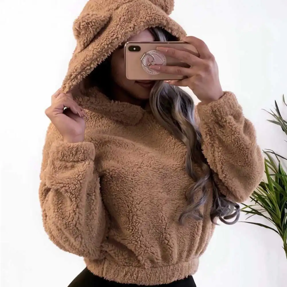 Bear Ears Warm Plush Hooded Women Crop Top Teddy Fashion Pullover Kawaii Sweatshirt Harajuku Hoodies