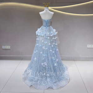 <span class=keywords><strong>Vestido</strong></span> de Noche Jfh138 <span class=keywords><strong>Azul</strong></span> Celeste sin Tirantes con Tul en Capas, Apliques Florales 3D, Espalda con Cordones, <span class=keywords><strong>Vestido</strong></span> de Fiesta Jancember - Product Image 4