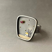 Cincin Jari Batu Tatahan Langit Pohon Rumah untuk Wanita Cincin Desain Khusus Sederhana dan Personal Aksesori Wanita Perhiasan Hadiah Pesta