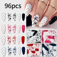 96 faux ongles en ABS de style français, en boîte, forme amande, motif pois et nœud papillon, doux et tendance, réutilisables, couvrance totale avec colle