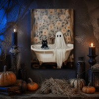 Kucing Hitam dan Hantu di Bak Mandi Seni Dinding Lucu Halloween Kanvas Vintage Kamar Mandi Galeri Bunga Cetakan Terbungkus Imut Seram