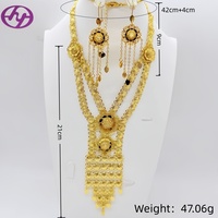 Ensemble de bijoux Hongyue de luxe plaqué or 24 carats, motif floral arabe, avec pampilles, collier long et boucles d'oreilles pour femme, idéal pour mariage et soirée