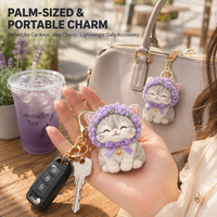 Gantungan Kunci Boneka Kucing Lavender Kustom Abu-abu Dengan Topi Bunga Ungu, Pita Ungu, Bordir Logo Kustom, Kotak Hadiah Mewah