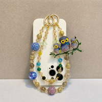 Breloque de téléphone de luxe en forme de famille de hiboux, ornée de perles, avec cristaux multicolores et dorés, porte-clés et pendentif de sac, fait main, vente en gros