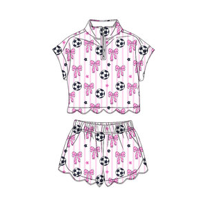 GSSO3753 Conjunto de ropa de verano para niña pequeña con estampado de fútbol y lazos rosas, sin mangas, para niñas. - Product Image 1