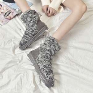 Stivali da Neve Alti da <span class=keywords><strong>Donna</strong></span> in Maglia con Fiocco, Caldi e Felpati, <span class=keywords><strong>Stivaletti</strong></span> Invernali Antiscivolo con Suola Piatta, Scarpe alla Moda in Misto Lana - Product Image 1