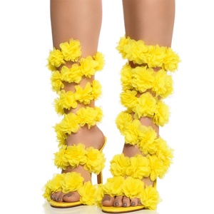 Floral Ankle Cross Straps Women's Stiletto High Heels Sexy Flowers Wrap <b>Strings</b> Sandals Round Open Toe Shoes - Product Image 4