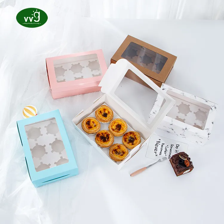 VVG high quality 2 4 6 12 holes white pink kraft mini single cake and cupcakes packaging box with window