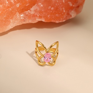 Pink Zircon <strong>Statement</strong> <strong>Rings</strong> for Wedding Geometric Gold Plated Stainless Steel Open <strong>Ring</strong> Girl Jewelry Gifts - Product Image 3