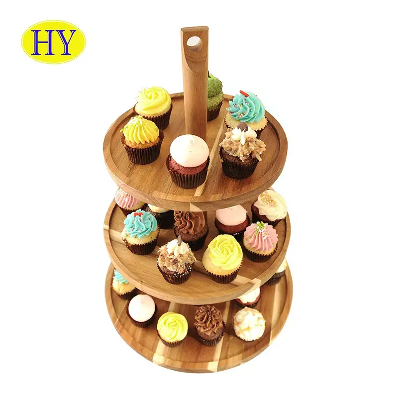 Dilim Cupcake tepsi ahşap Cupcake kek tatlı ekran standı rustik 3 katmanlı yuvarlak ahşap özel Logo kek araçları Paulownia ahşap