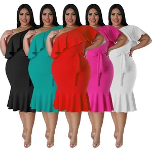 Custom Plus Size Women Clothing Suppliers One Shoulder Ruffle Midi Evening Elegant Casual Cocktail Party Dresses