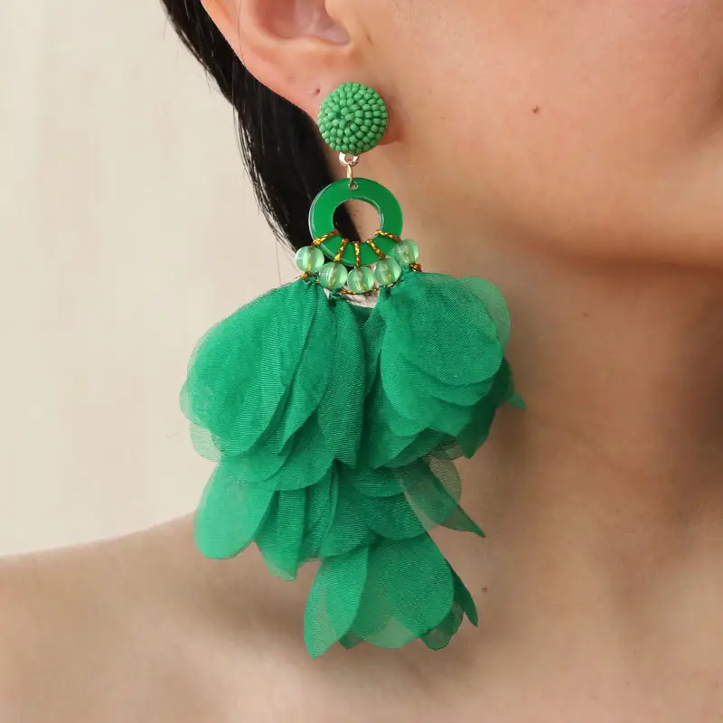 European and American fashion exaggerated long earrings new handmade green fabric flower earrings jewelry wholesale for women