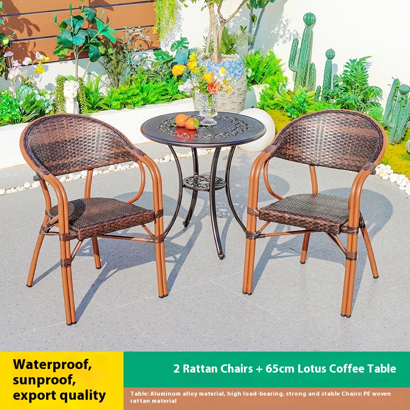 Mesa de té de ratán con 2 sillas de 65 cm y diseño de loto.