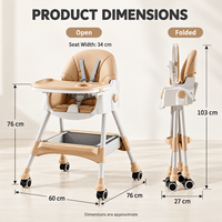 Chaise haute bébé réglable avec plateau amovible, roulettes et harnais de sécurité pour les repas à la maison