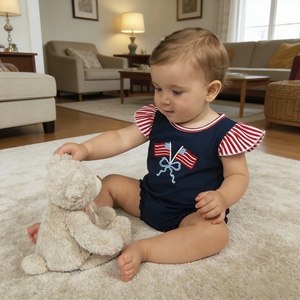 SR3903 RTS Infant Baby Western NAVY solid 4rh of flag embroidery style <b>Kids</b> Wholesale Romper short Sleeve girl cute <b>Bubble</b> - Product Image 1