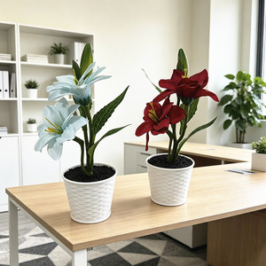 Bonsaï de lys artificiel Paulon, 24 cm de haut, fleurs en plastique dans des pots blancs, pour décorations de bureau - Product Image 3